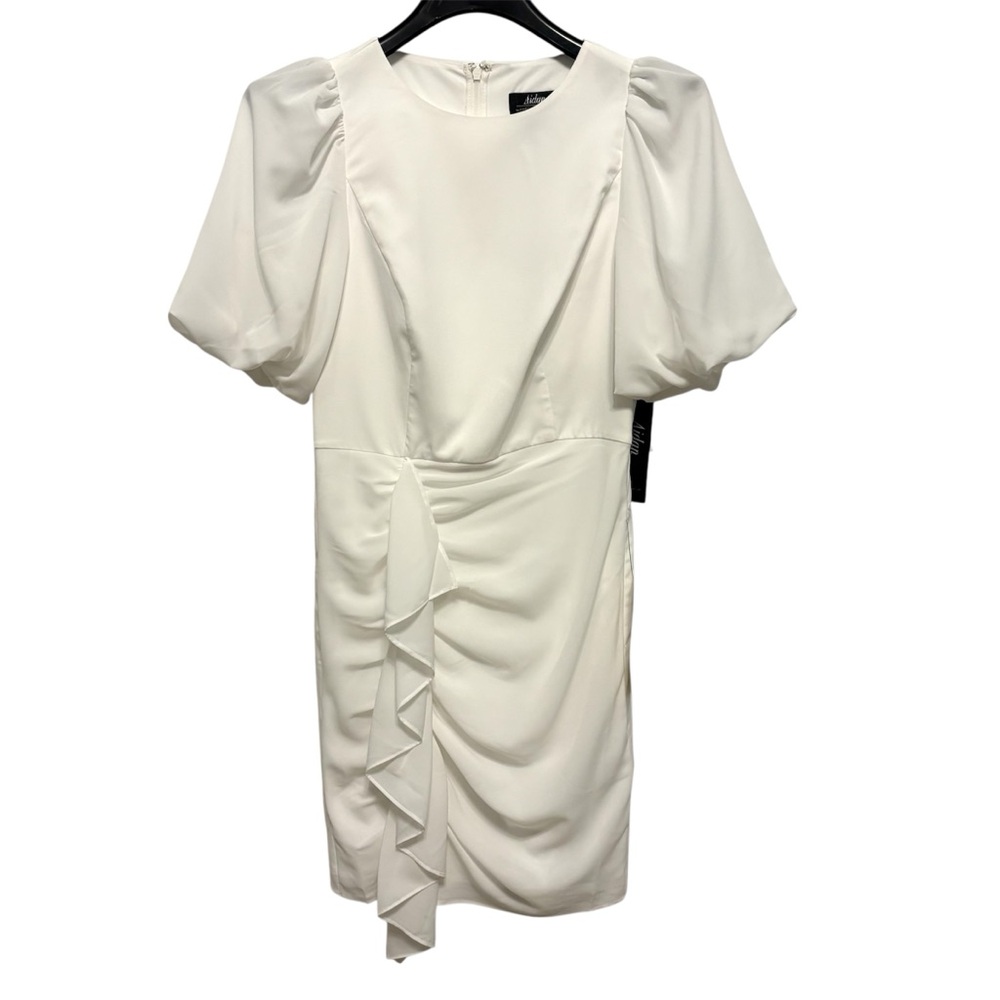 Aidan Adrianna Papell Dress Size 4 White Cocktail Bridal Graduation Puff Sleeve